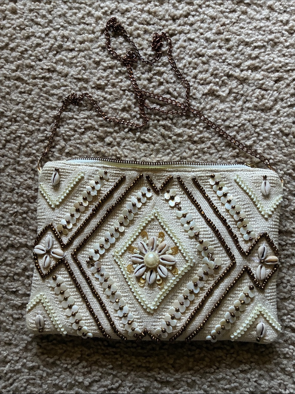 Lulu's Cream Beaded Shell Embellished Crossbody Clutch